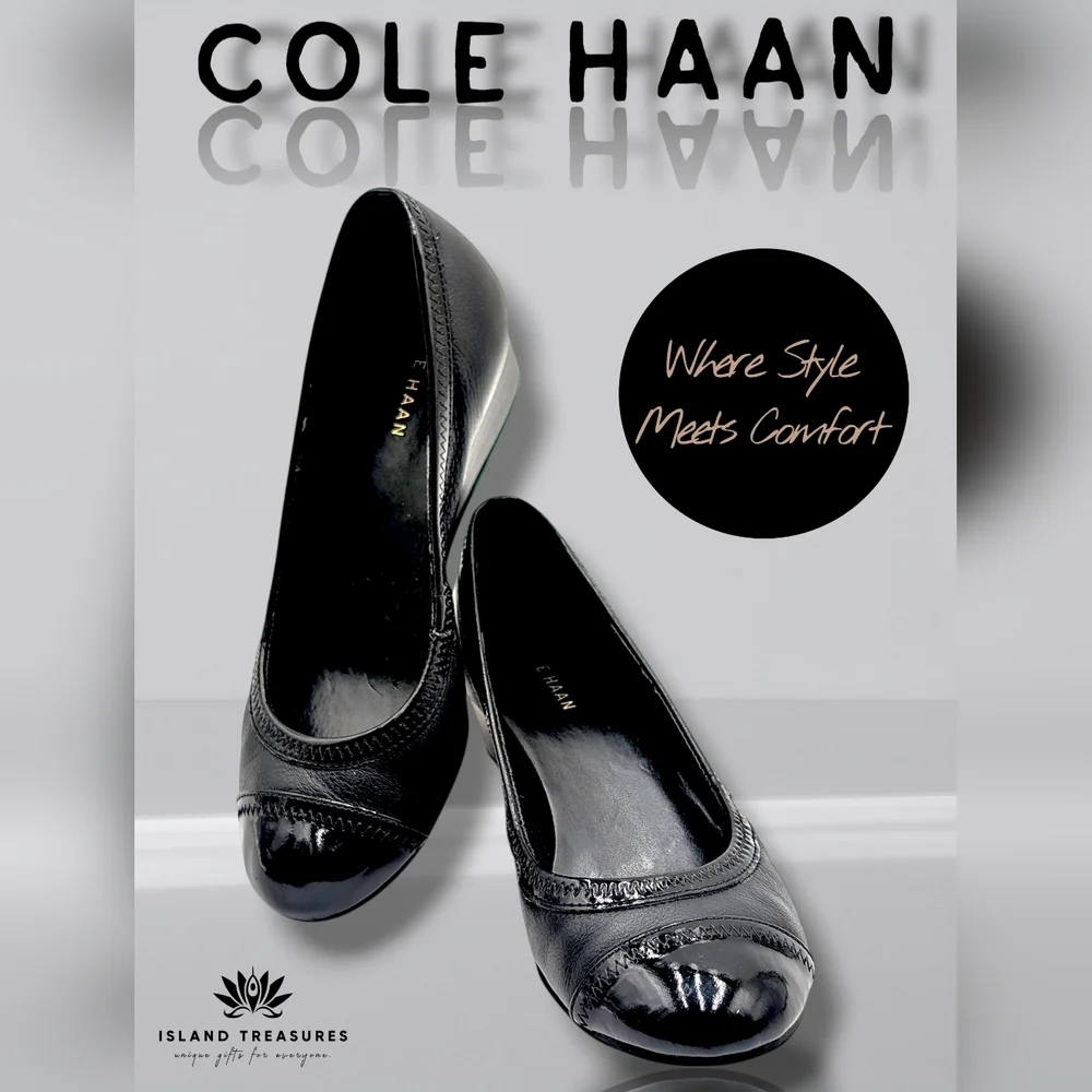 Cole Haan Women's Size 5B Black Leather Wedge Glossy Cap Toe Comfort Footbed